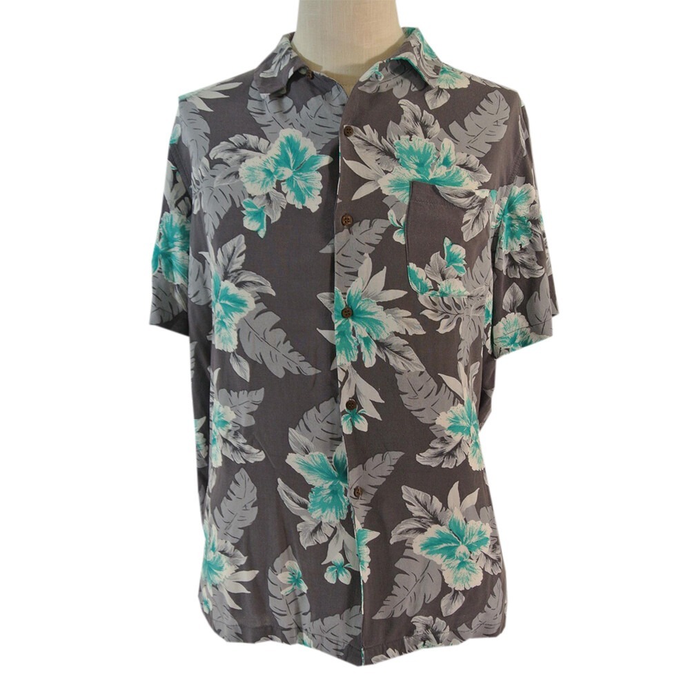 Montage Hawaiian Shirt Men Large Grey Blue Floral Aloha Camp Lounge Short Sleeve
